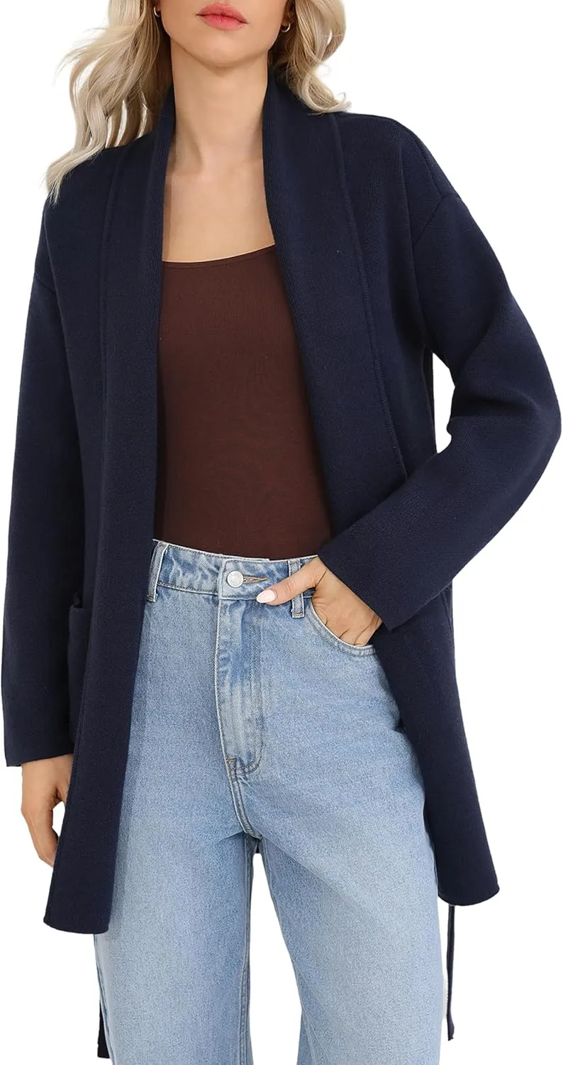 Totatuit Long Cardigan Sweaters for Women with Belt 2025 Fall Spring Open Front Knit Sweaters for Women with Pockets