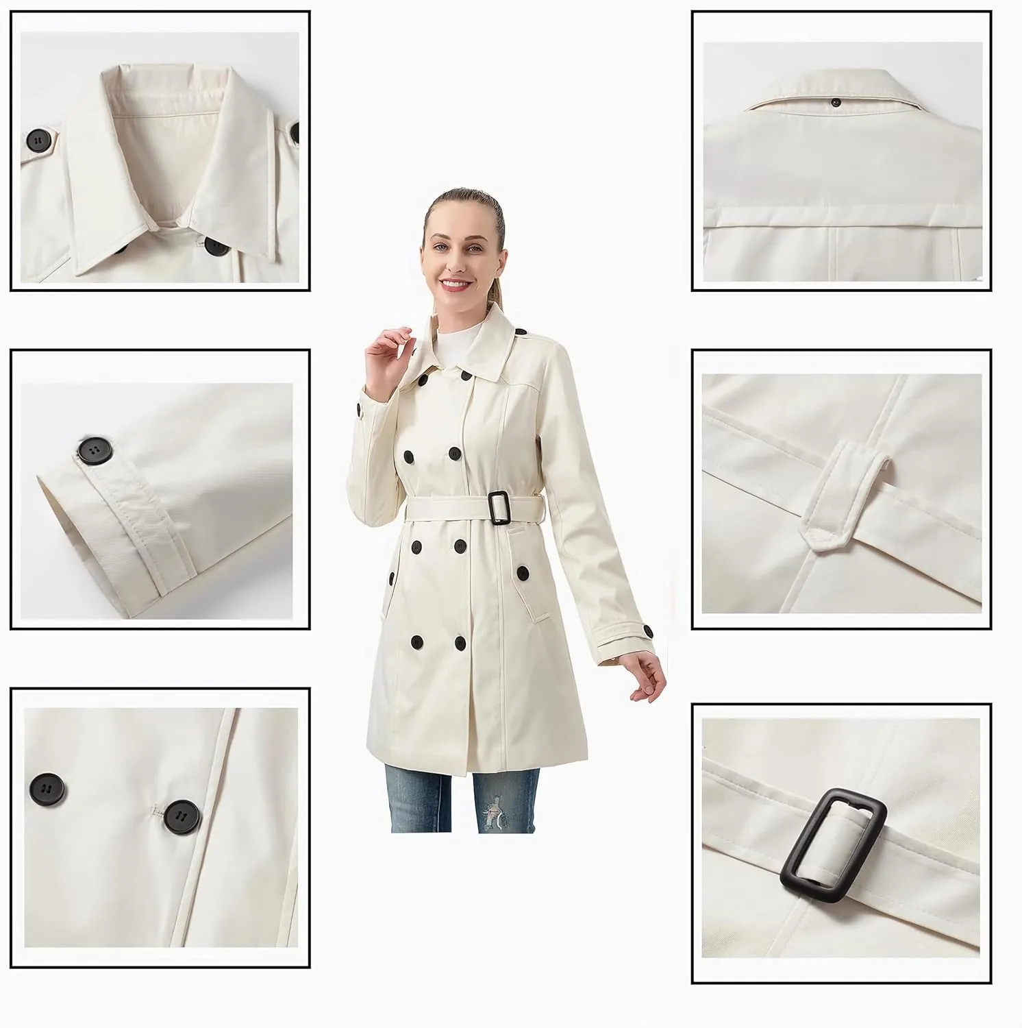 TRATENBY Women's Trench Coat Long Double Breasted Peacoat for Outerwear Trench Knee Length