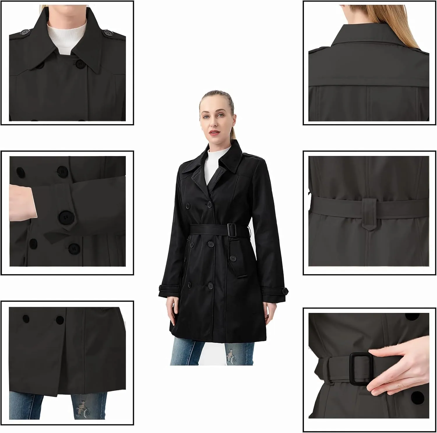 TRATENBY Women's Trench Coat Long Double Breasted Peacoat for Outerwear Trench Knee Length