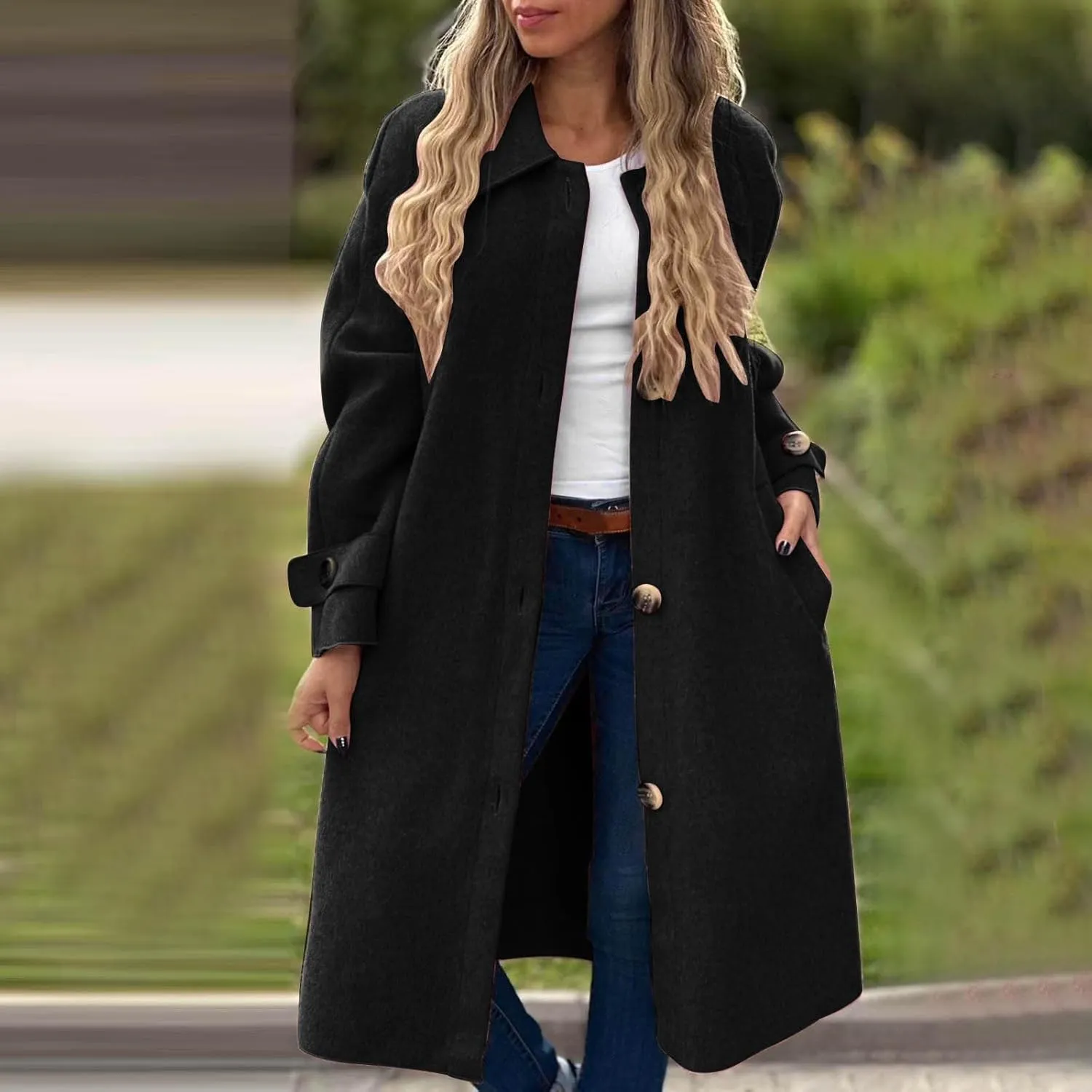 Trench Coat for Women, Classic Lapel Overcoat Outerwear Single Breasted Winter Jacket Windbreaker Long Warm Coats