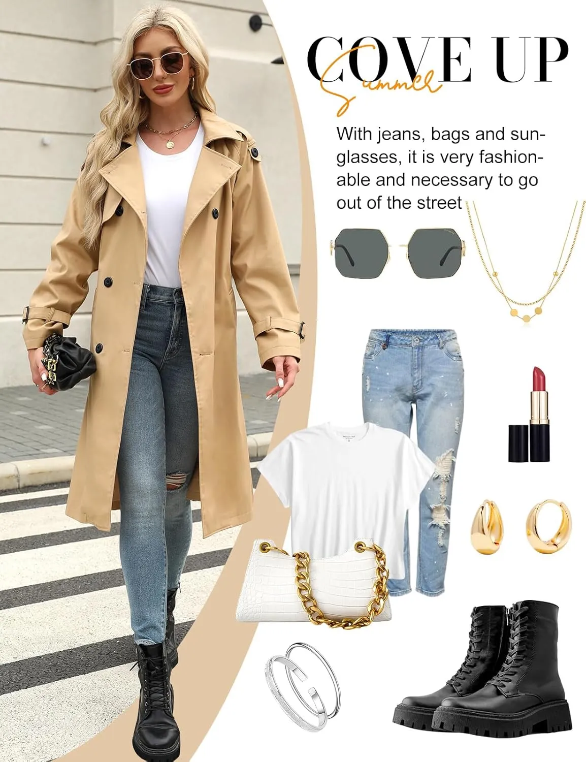 Trench Coat Women Double Breasted Windproof Classic Lapel Belted Long Outerwear Overcoat with Belt