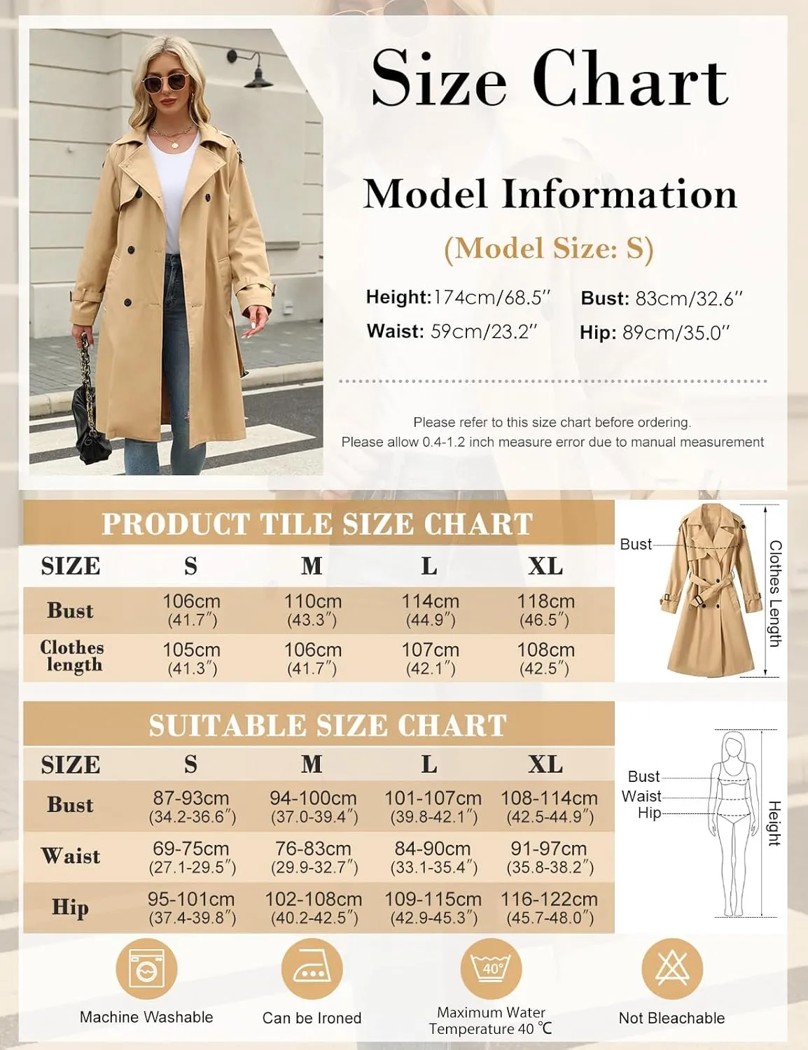 Trench Coat Women Double Breasted Windproof Classic Lapel Belted Long Outerwear Overcoat with Belt