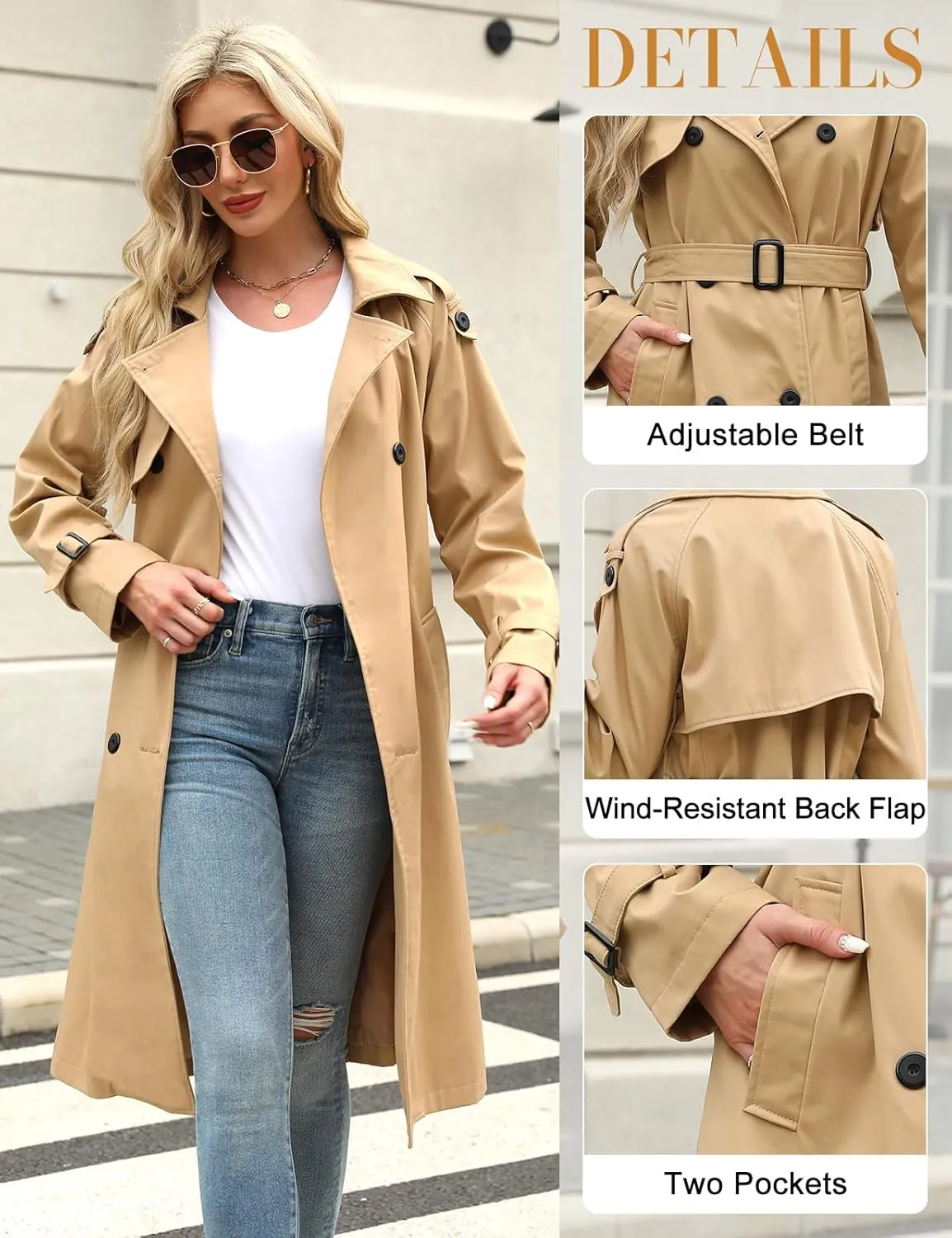 Trench Coat Women Double Breasted Windproof Classic Lapel Belted Long Outerwear Overcoat with Belt
