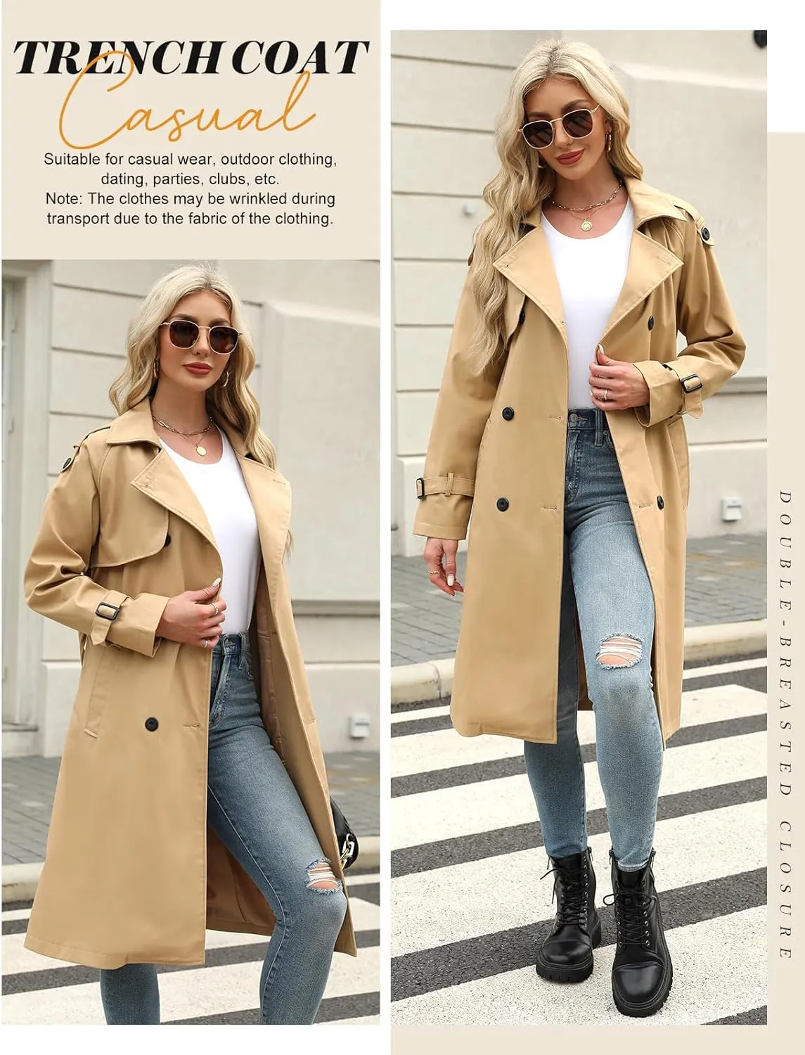 Trench Coat Women Double Breasted Windproof Classic Lapel Belted Long Outerwear Overcoat with Belt