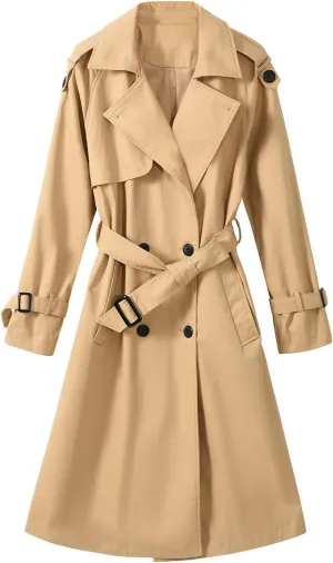 Trench Coat Women Double Breasted Windproof Classic Lapel Belted Long Outerwear Overcoat with Belt