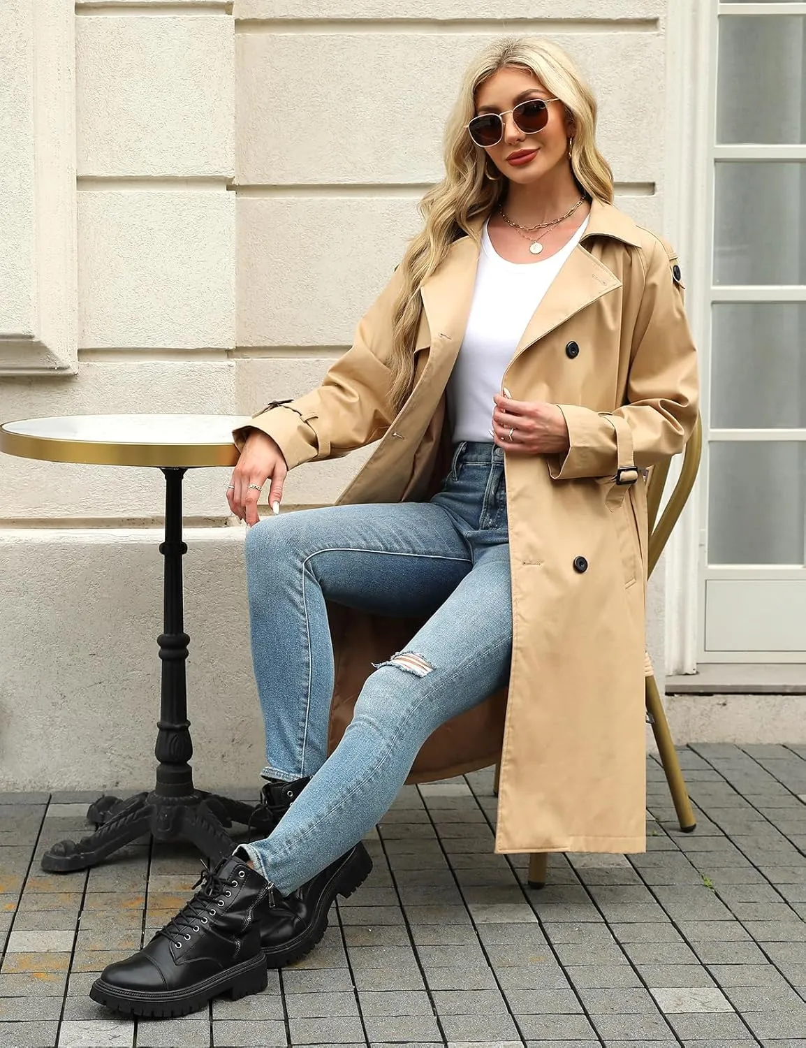 Trench Coat Women Double Breasted Windproof Classic Lapel Belted Long Outerwear Overcoat with Belt