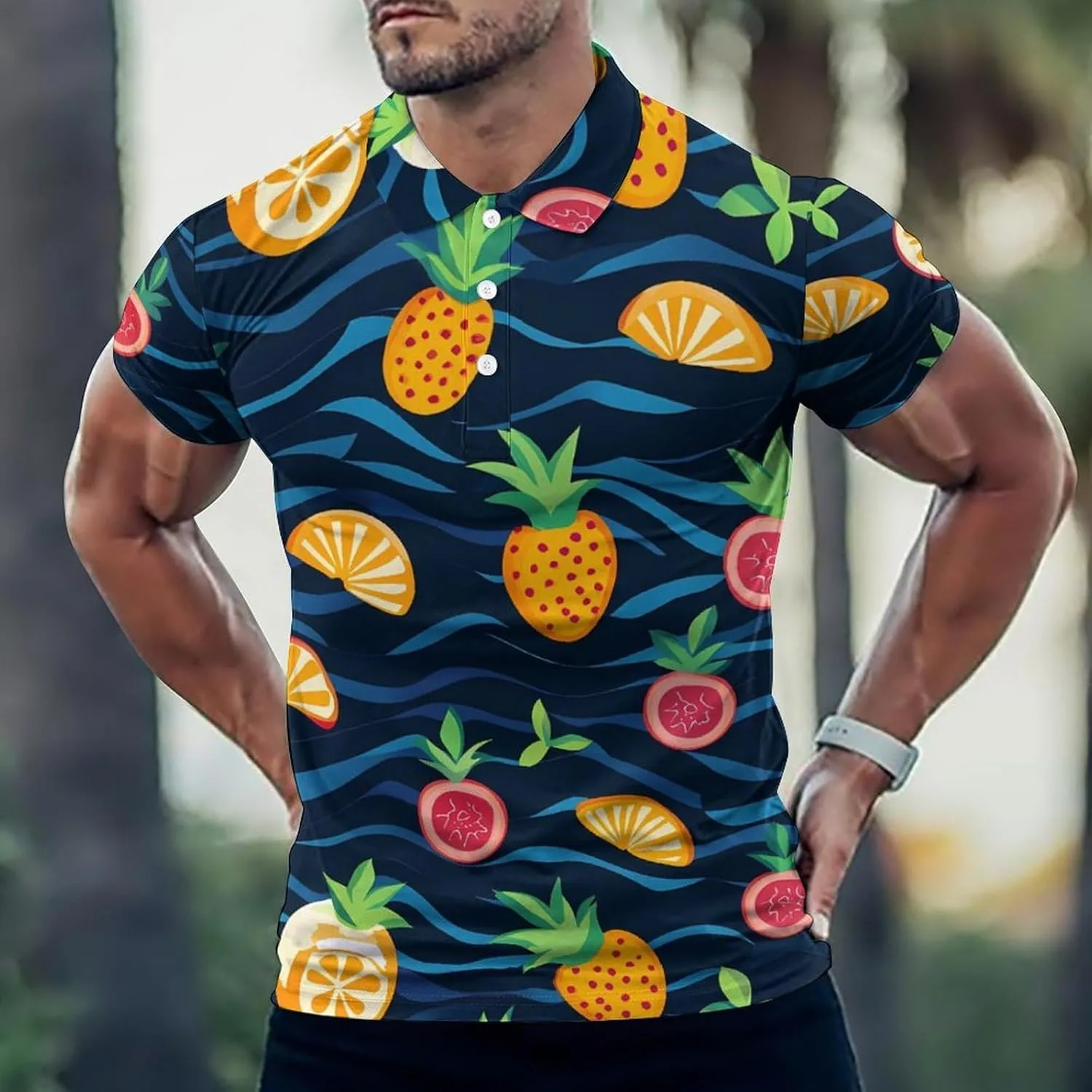 Tropical Fruits Pineapples Slim Fit Men's Short Sleeve Polo Shirts Quick-Dry Breathable Golf T-Shirt Tops