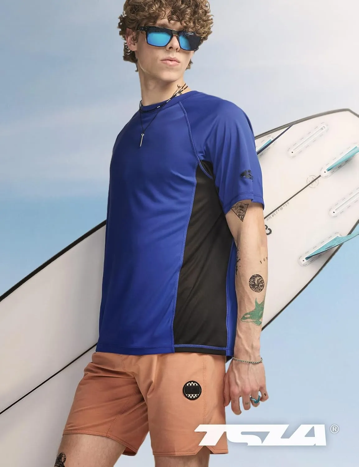 TSLA Men's Rashguard Swim Shirts, UPF 50  Protection Quick Dry, Stretch Comfort Fit, Flatlock Seams, Outdoor & Water Sports