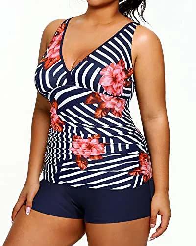Tummy Control Tankini Two Piece Bathing Suits Plus Size Swimsuits Shorts-Blue Floral