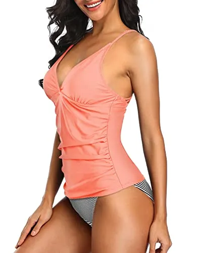 Tummy Control Two Piece Tankini Set Swimsuits For Women-Coral Pink Stripe