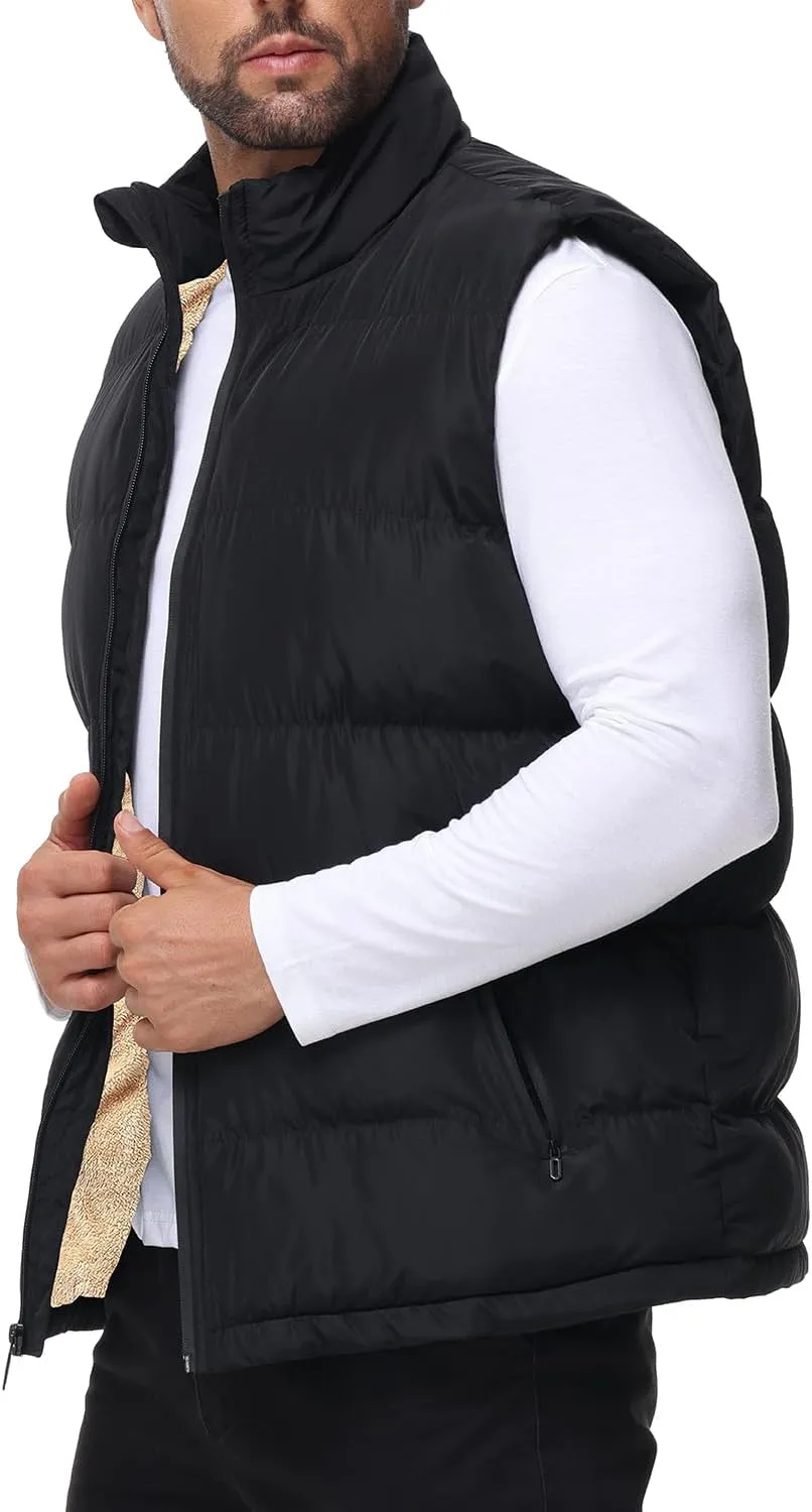 TUVEKE Men's Puffer Vest Sherpa Lined Outdoor Zipper Fleece Vest Warm Sleeveless Men Winter Jackets Water-Resistant M-3XL