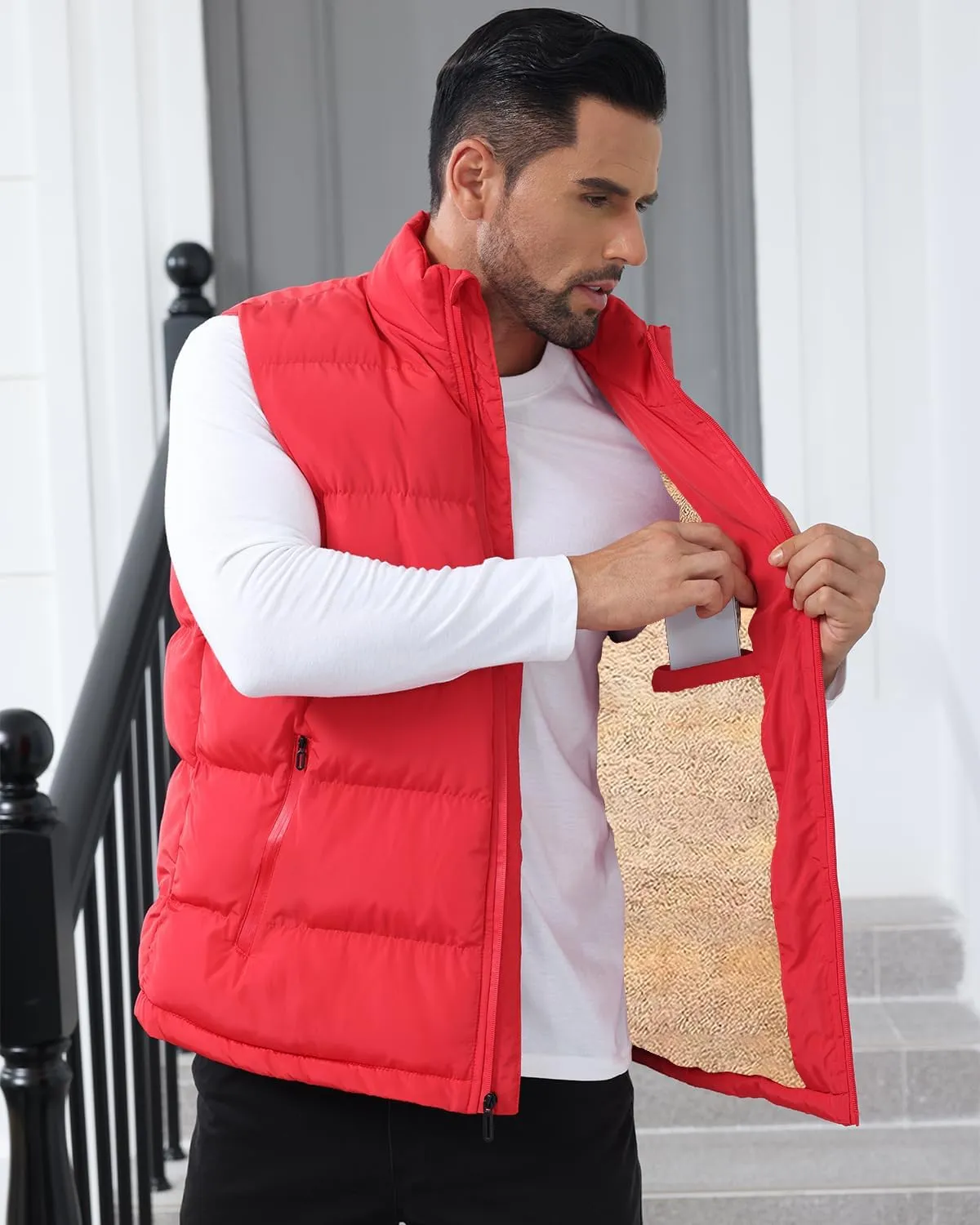TUVEKE Men's Puffer Vest Sherpa Lined Outdoor Zipper Fleece Vest Warm Sleeveless Men Winter Jackets Water-Resistant M-3XL