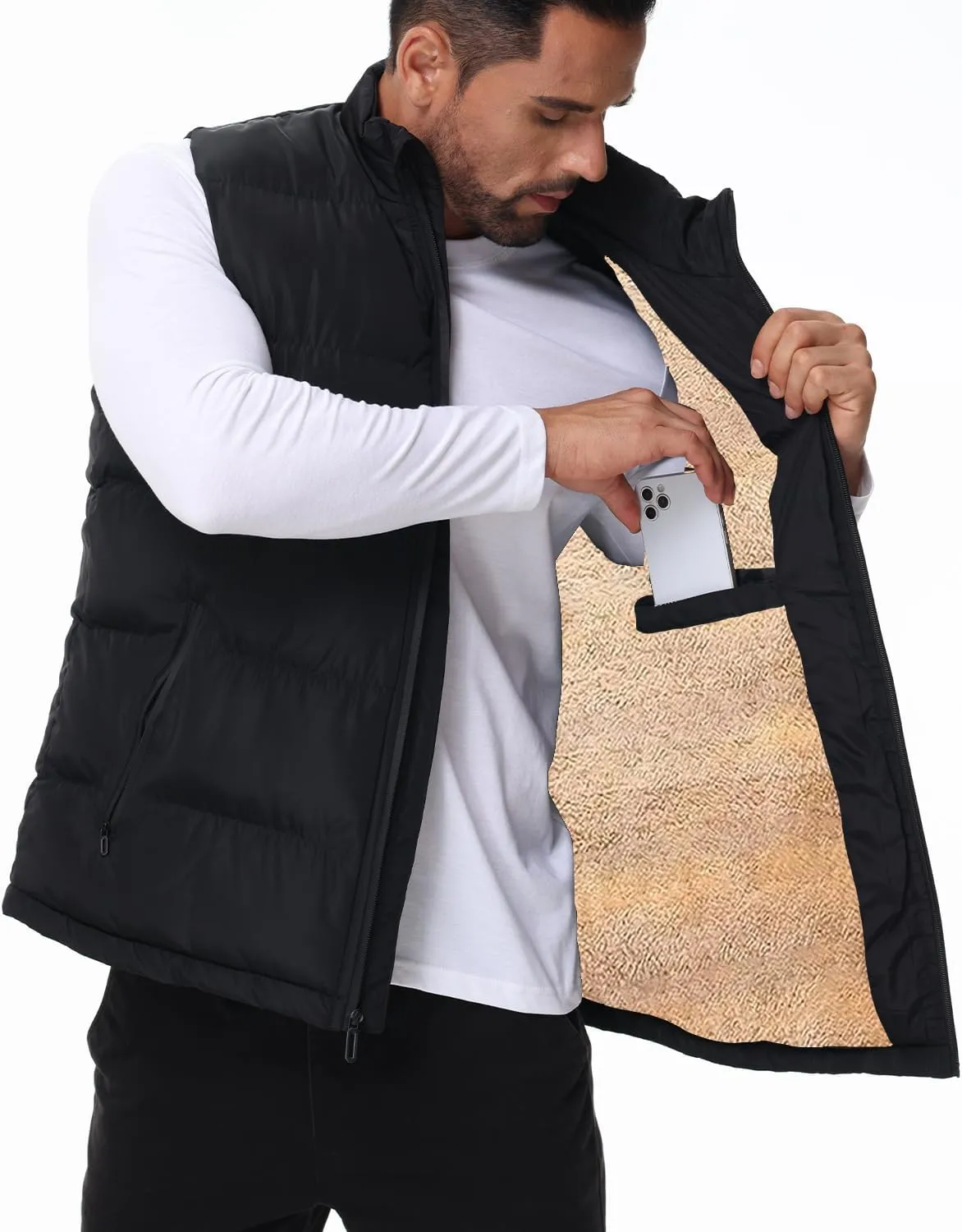 TUVEKE Men's Puffer Vest Sherpa Lined Outdoor Zipper Fleece Vest Warm Sleeveless Men Winter Jackets Water-Resistant M-3XL