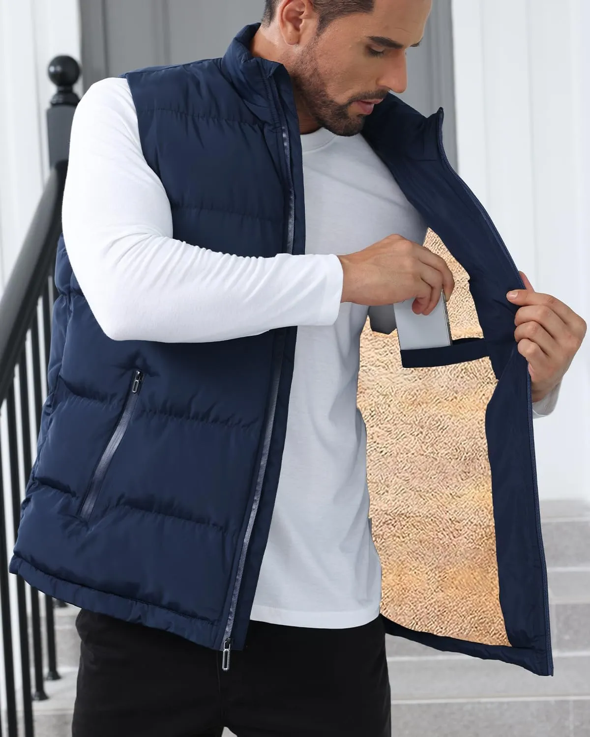 TUVEKE Men's Puffer Vest Sherpa Lined Outdoor Zipper Fleece Vest Warm Sleeveless Men Winter Jackets Water-Resistant M-3XL