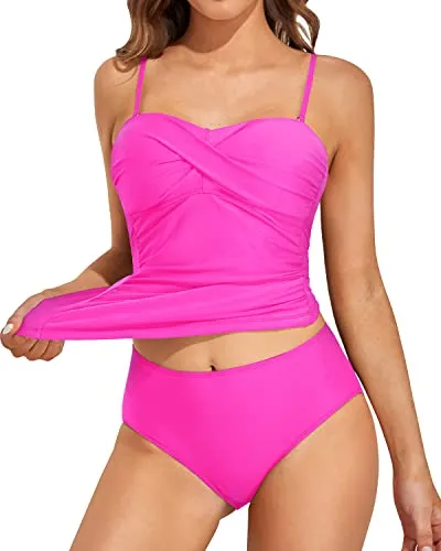 Twist Front Bandeau Tankini Top With Push Up Cups-Neon Pink