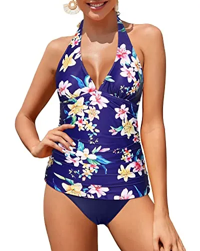 Two Piece Plump Breasts Tankini Swimsuit For Women-Blue Colorful Flower