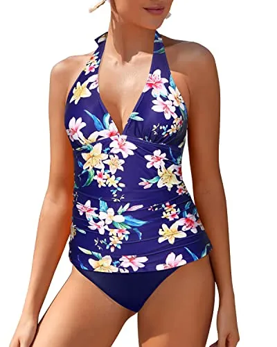 Two Piece Plump Breasts Tankini Swimsuit For Women-Blue Colorful Flower