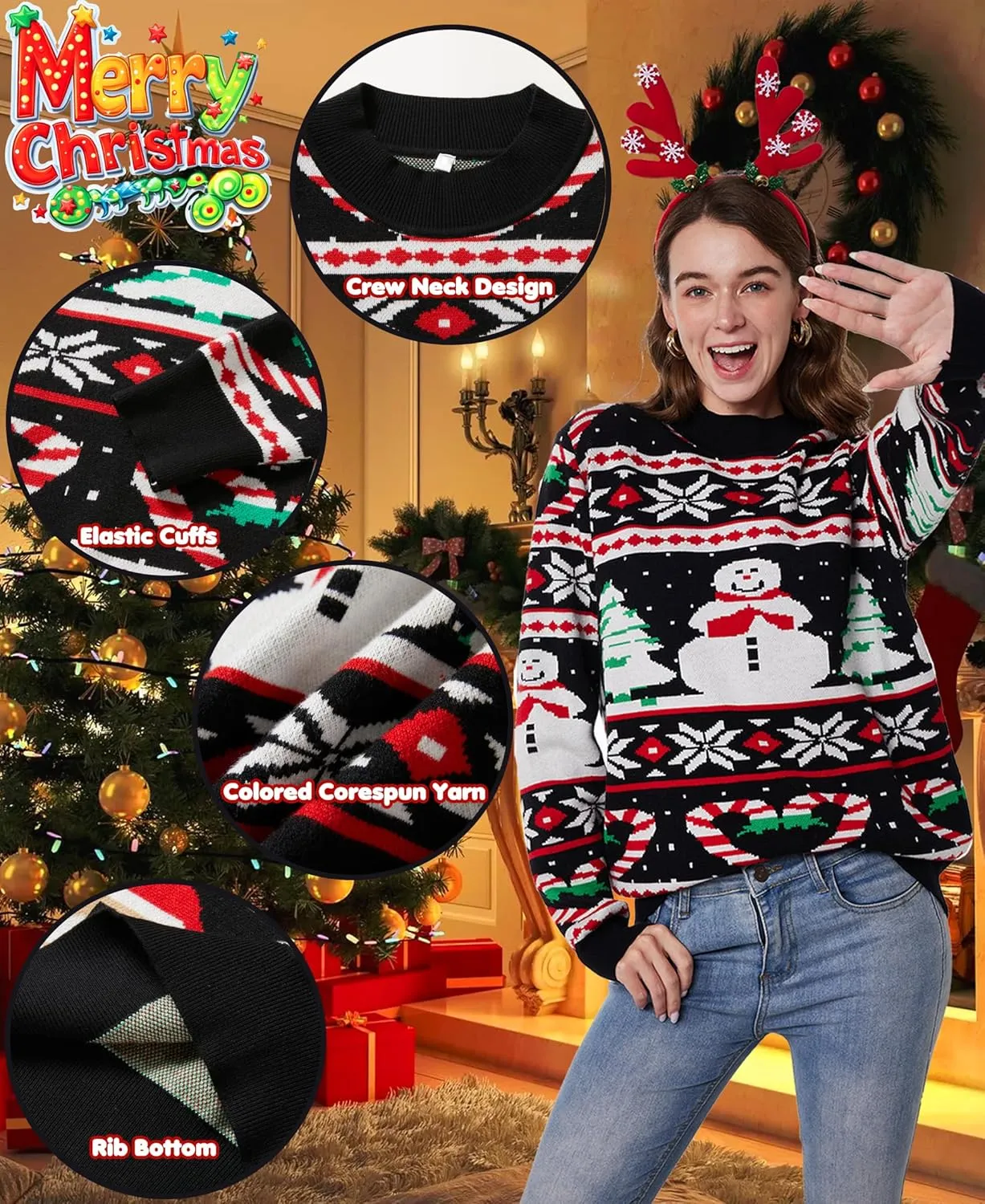 Unisex Ugly Christmas Sweaters Adult Long Sleeve Crewneck Sweaters Funny Top Pullover Xmas Party Family Gatherings