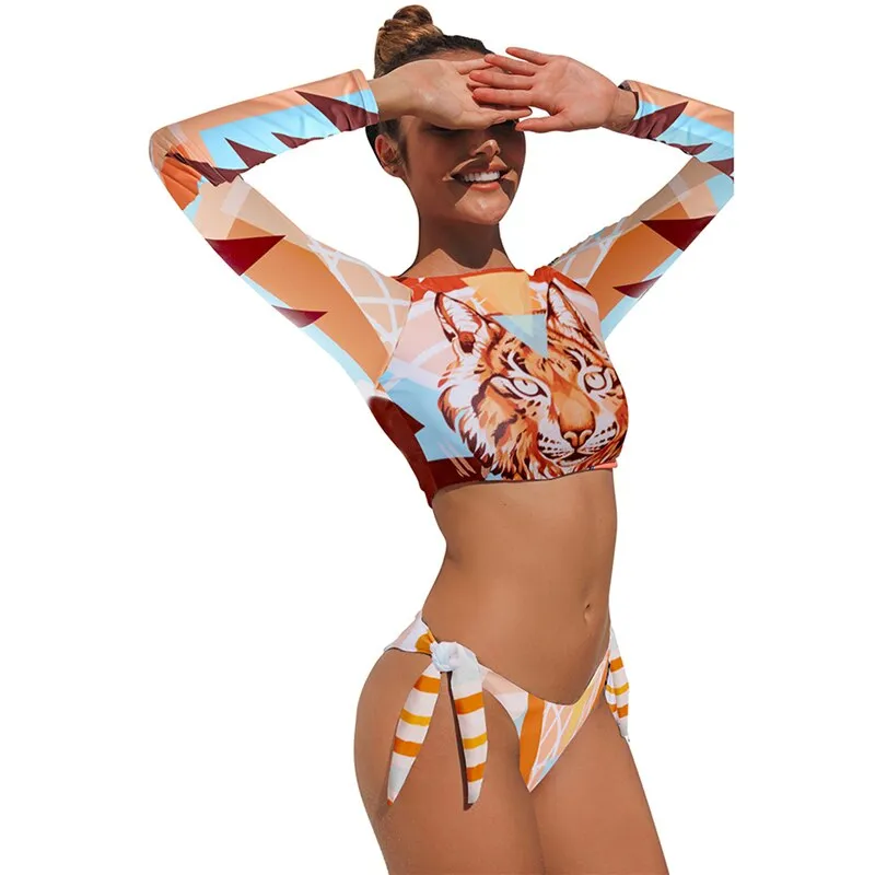Upopby Long Sleeve Print Surfing Swimsuit Bow Thong Swimsuit