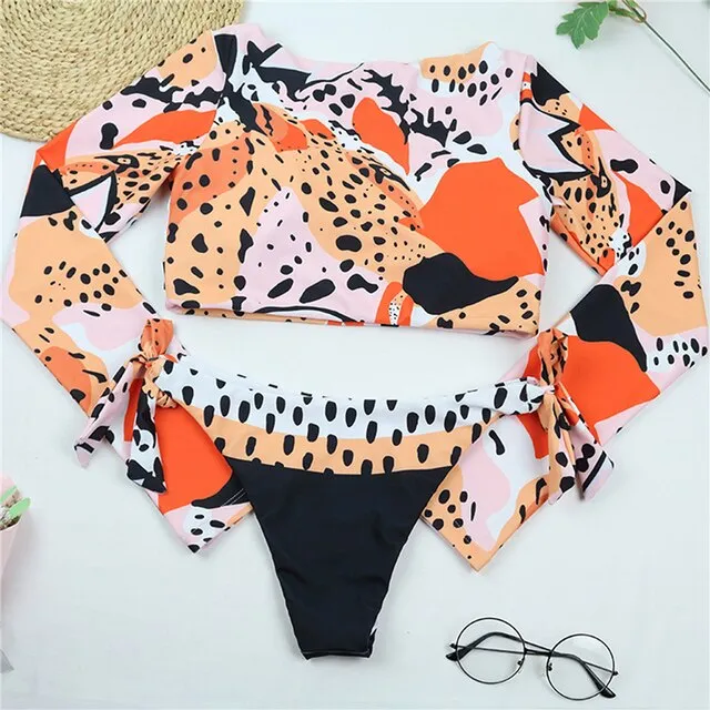 Upopby Long Sleeve Print Surfing Swimsuit Bow Thong Swimsuit