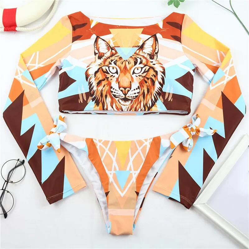 Upopby Long Sleeve Print Surfing Swimsuit Bow Thong Swimsuit