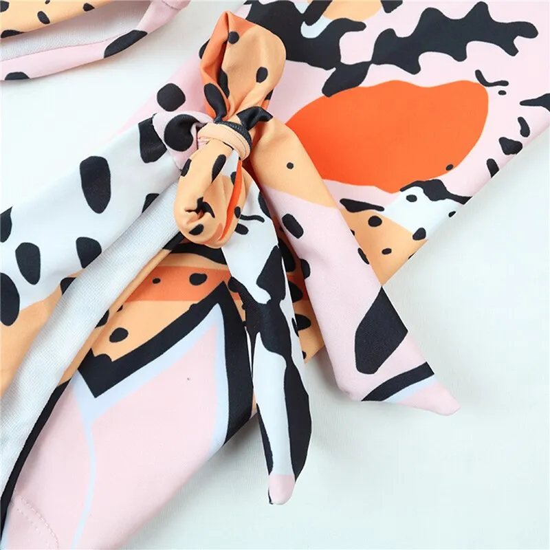 Upopby Long Sleeve Print Surfing Swimsuit Bow Thong Swimsuit