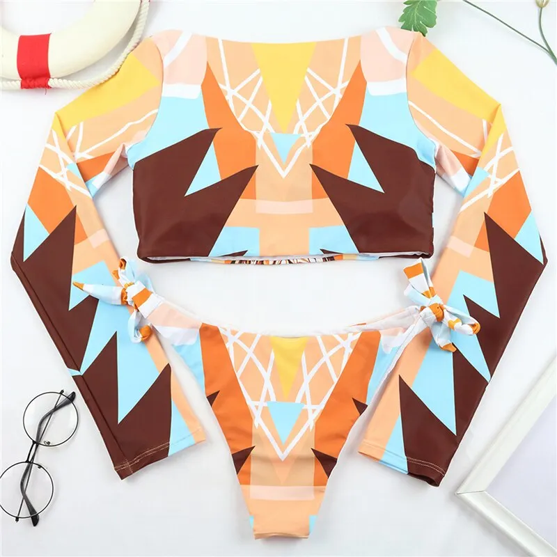 Upopby Long Sleeve Print Surfing Swimsuit Bow Thong Swimsuit