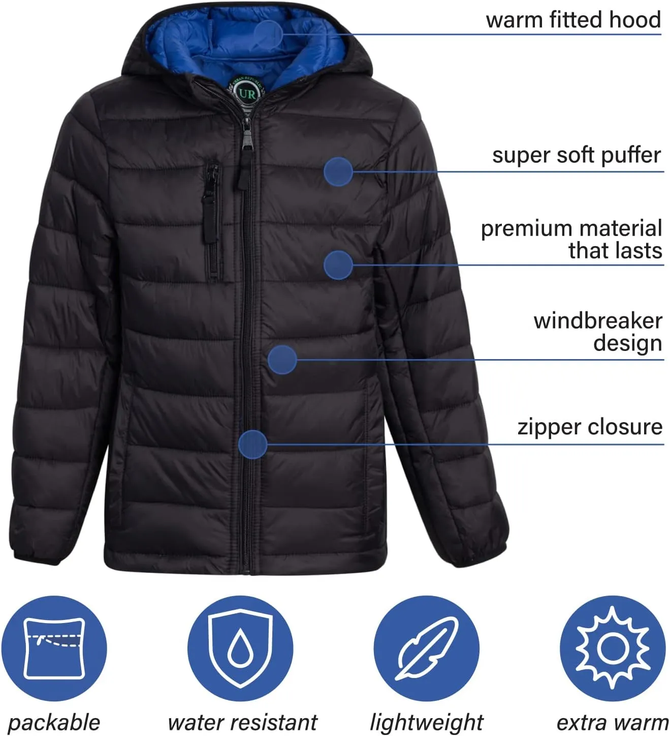 URBAN REPUBLIC Boys Puffer Jacket - Insulated Water Resistant Winter Bubble Coat for Boys with Packable Hood (Sizes: 4-20)