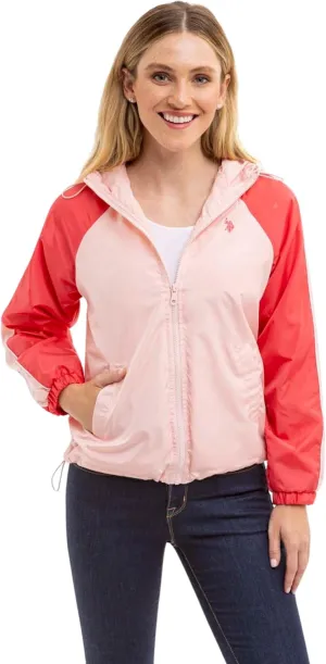 U.S. Polo Assn. Women's Hooded Raglan Sleeve Varsity Windbreaker W/Piping Poly Mesh Lining