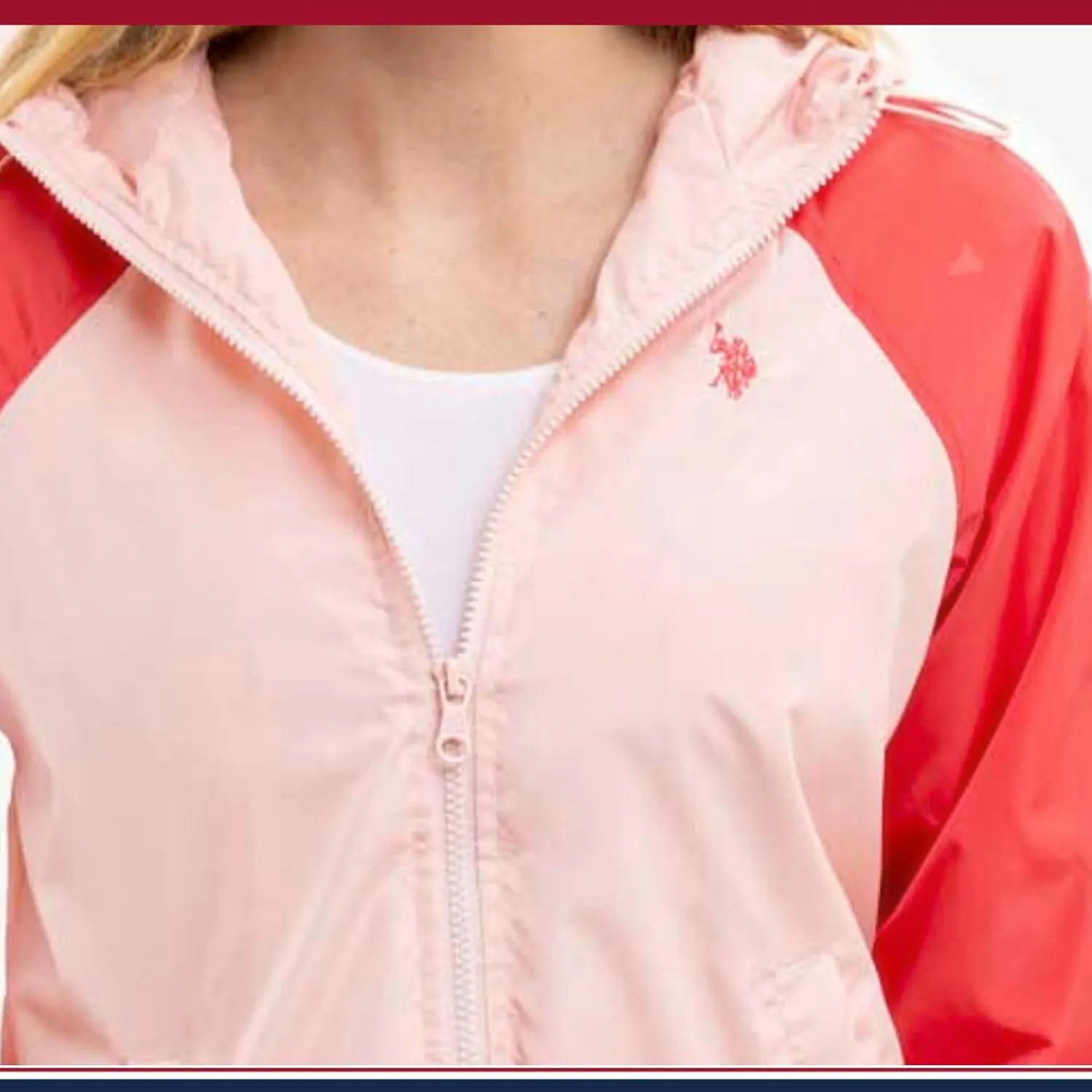 U.S. Polo Assn. Women's Hooded Raglan Sleeve Varsity Windbreaker W/Piping Poly Mesh Lining