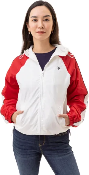 U.S. Polo Assn. Women's Hooded Raglan Sleeve Varsity Windbreaker W/Piping Poly Mesh Lining