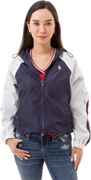 U.S. Polo Assn. Women's Hooded Raglan Sleeve Varsity Windbreaker W/Piping Poly Mesh Lining