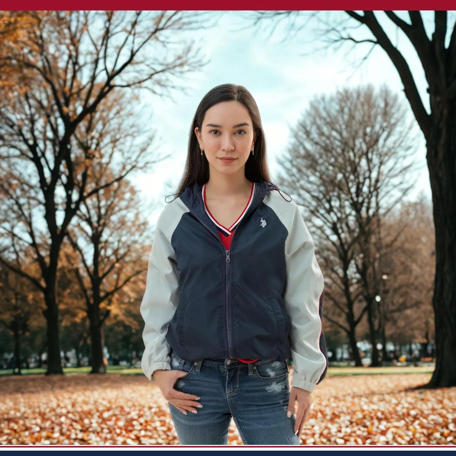 U.S. Polo Assn. Women's Hooded Raglan Sleeve Varsity Windbreaker W/Piping Poly Mesh Lining