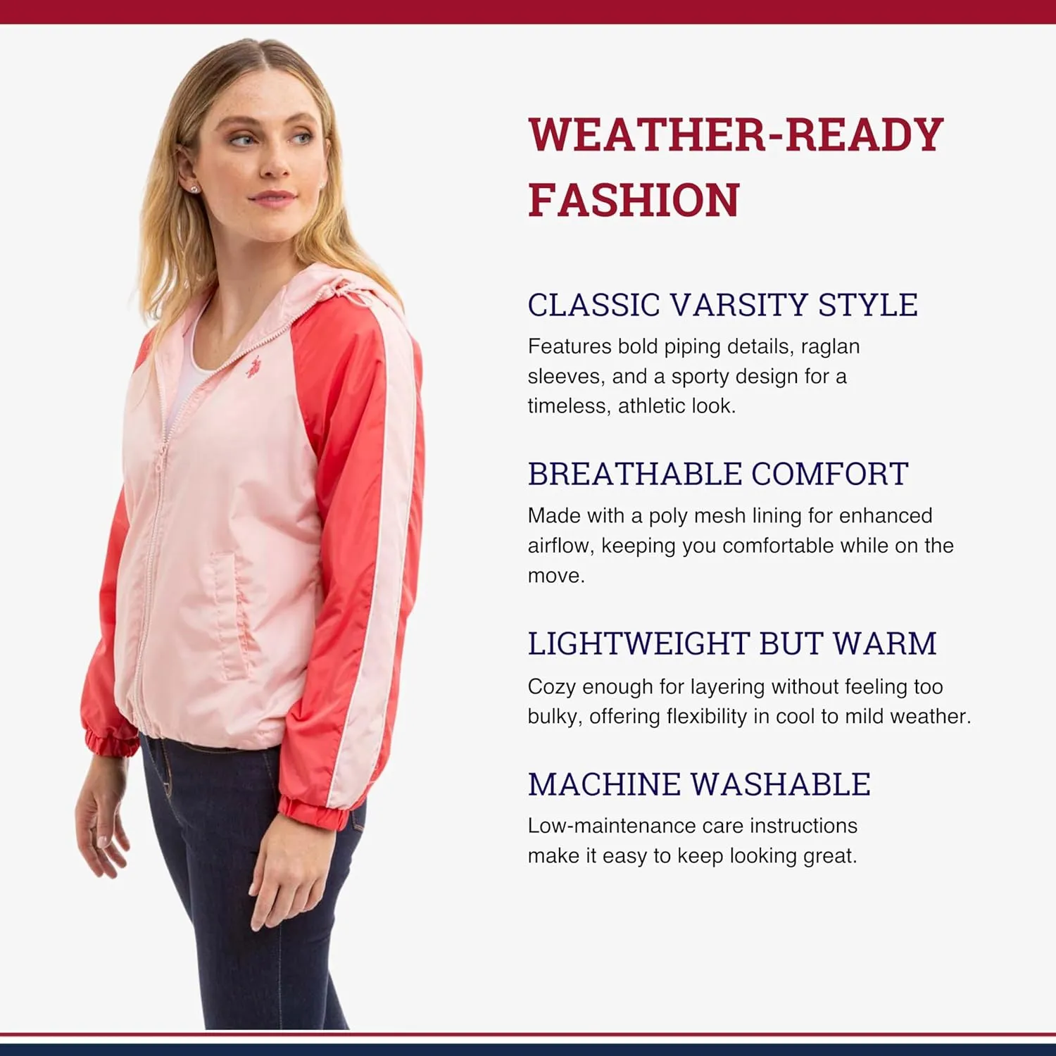 U.S. Polo Assn. Women's Hooded Raglan Sleeve Varsity Windbreaker W/Piping Poly Mesh Lining
