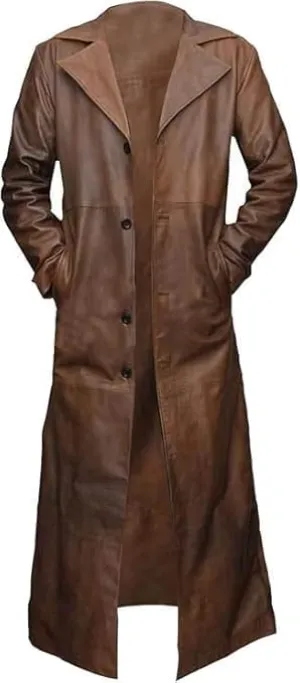 Vintage Brown Leather Long Trench Coat, Double Breasted, Military Style