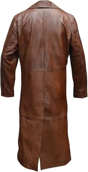 Vintage Brown Leather Long Trench Coat, Double Breasted, Military Style