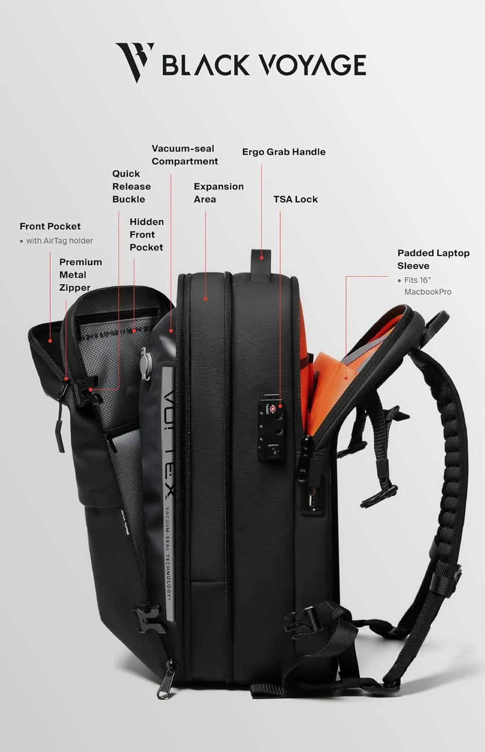 Vortex Vacuum Seal Travel Backpack 60L Exapandable Air Compression System Water Resistant TSA Lock Carry-On Suitcase Luggage Black AERO - No Vacuum Pump