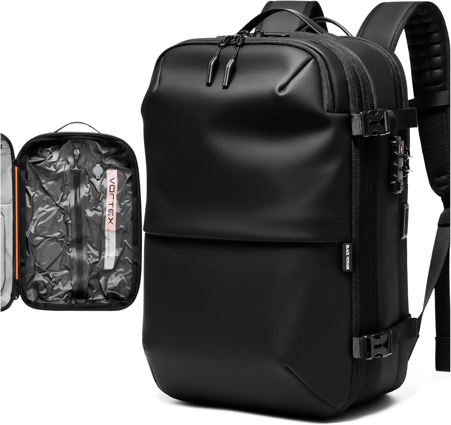 Vortex Vacuum Seal Travel Backpack 60L Exapandable Air Compression System Water Resistant TSA Lock Carry-On Suitcase Luggage Black AERO - No Vacuum Pump