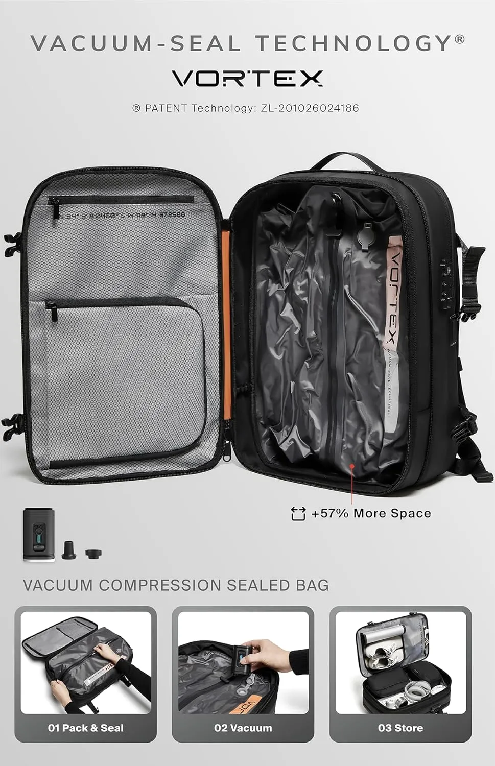 Vortex Vacuum Seal Travel Backpack 60L Exapandable Air Compression System Water Resistant TSA Lock Carry-On Suitcase Luggage Black AERO - No Vacuum Pump