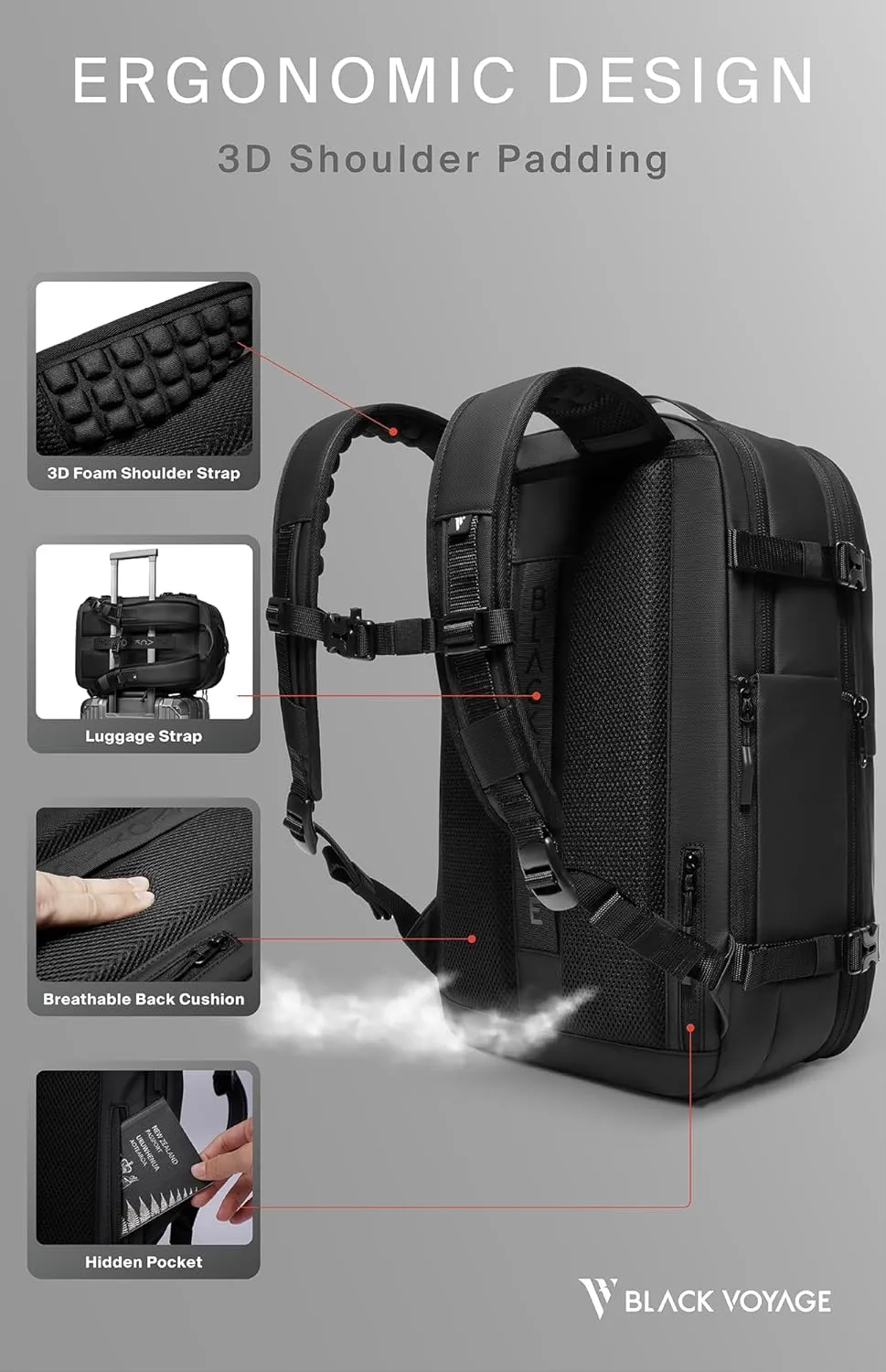 Vortex Vacuum Seal Travel Backpack 60L Exapandable Air Compression System Water Resistant TSA Lock Carry-On Suitcase Luggage Black AERO - No Vacuum Pump