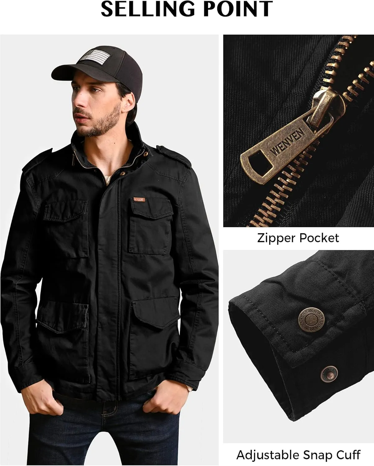 WenVen Men's Lightweight Military Style Jacket Twill Cotton Windbreaker