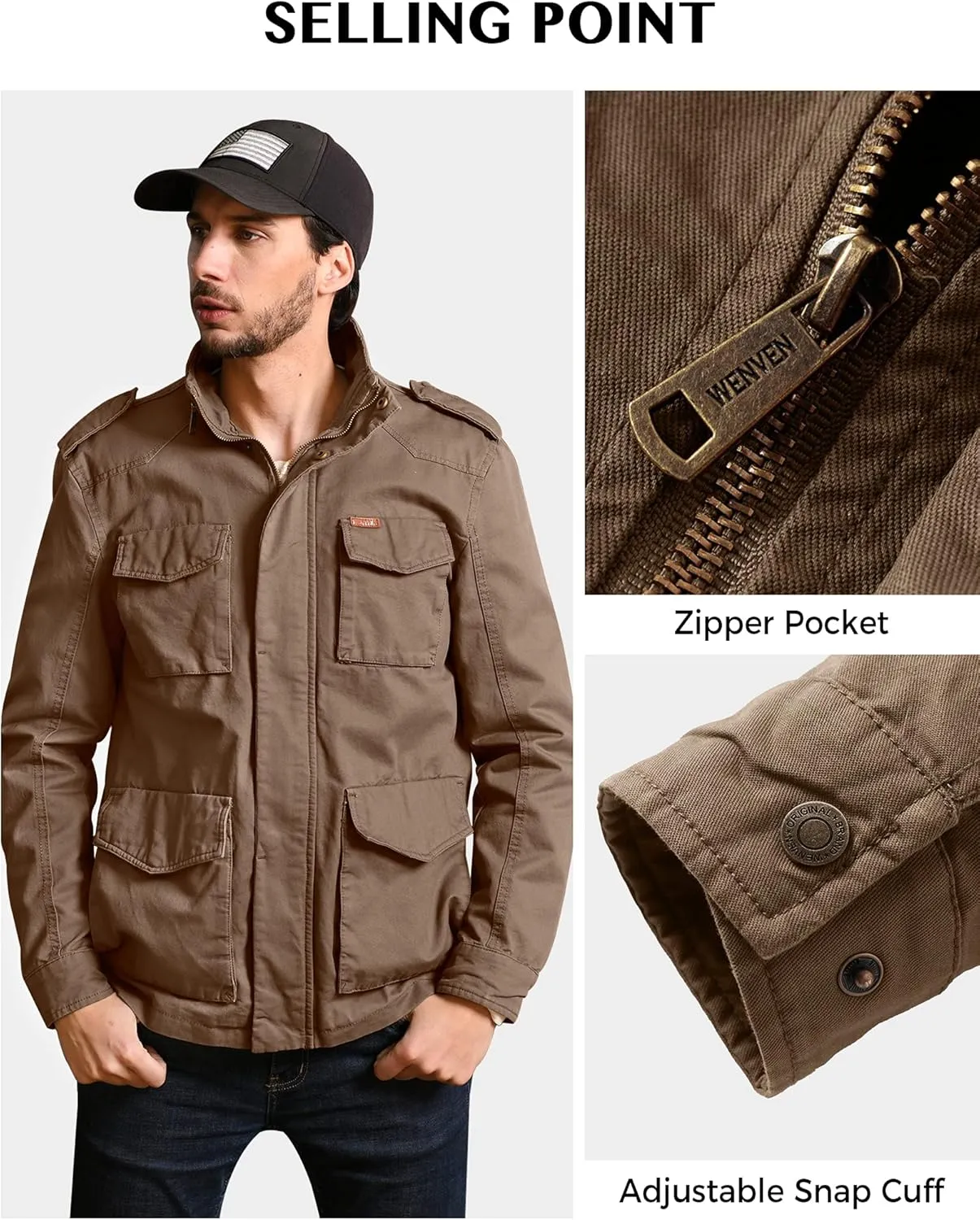 WenVen Men's Lightweight Military Style Jacket Twill Cotton Windbreaker
