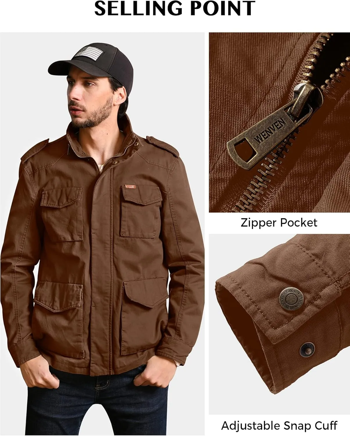 WenVen Men's Lightweight Military Style Jacket Twill Cotton Windbreaker