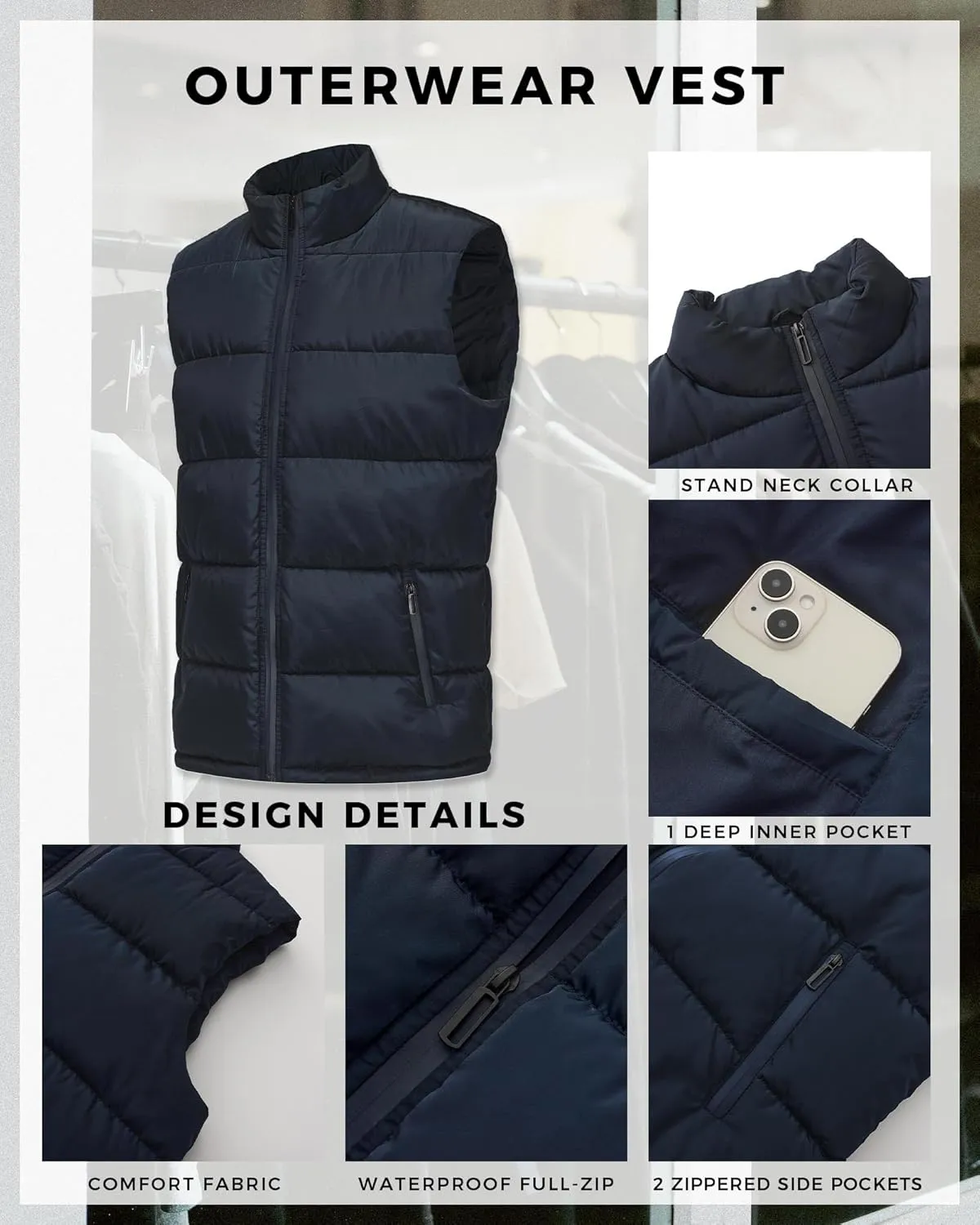 WHN Men's Puffer Vest Outerwear Winter Zipper Quilted Puffy Sleeveless Jacket Outdoor Size M to XXL
