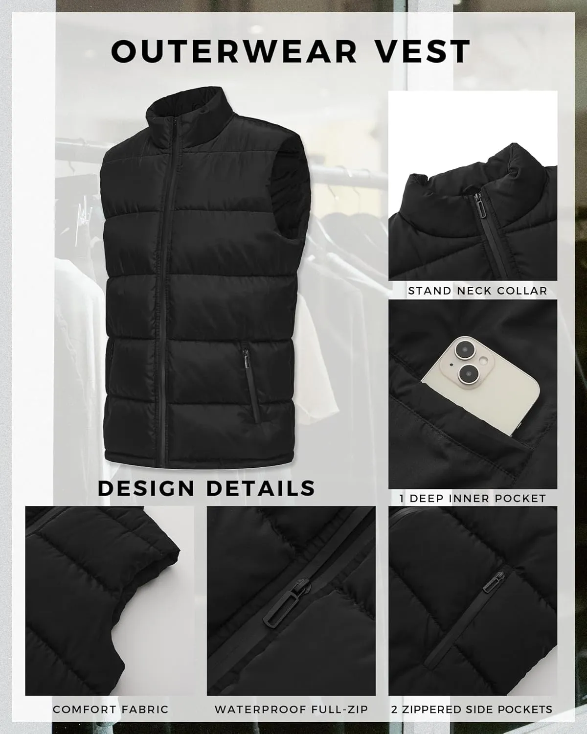 WHN Men's Puffer Vest Outerwear Winter Zipper Quilted Puffy Sleeveless Jacket Outdoor Size M to XXL