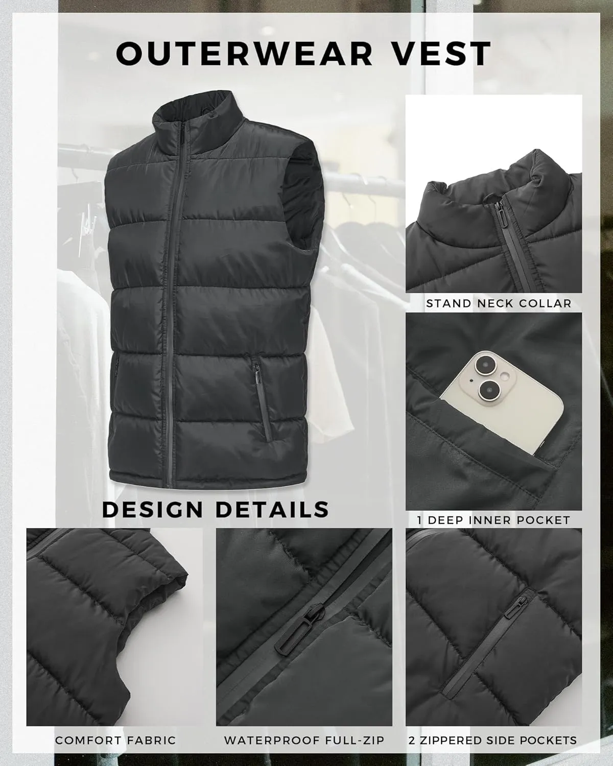 WHN Men's Puffer Vest Outerwear Winter Zipper Quilted Puffy Sleeveless Jacket Outdoor Size M to XXL