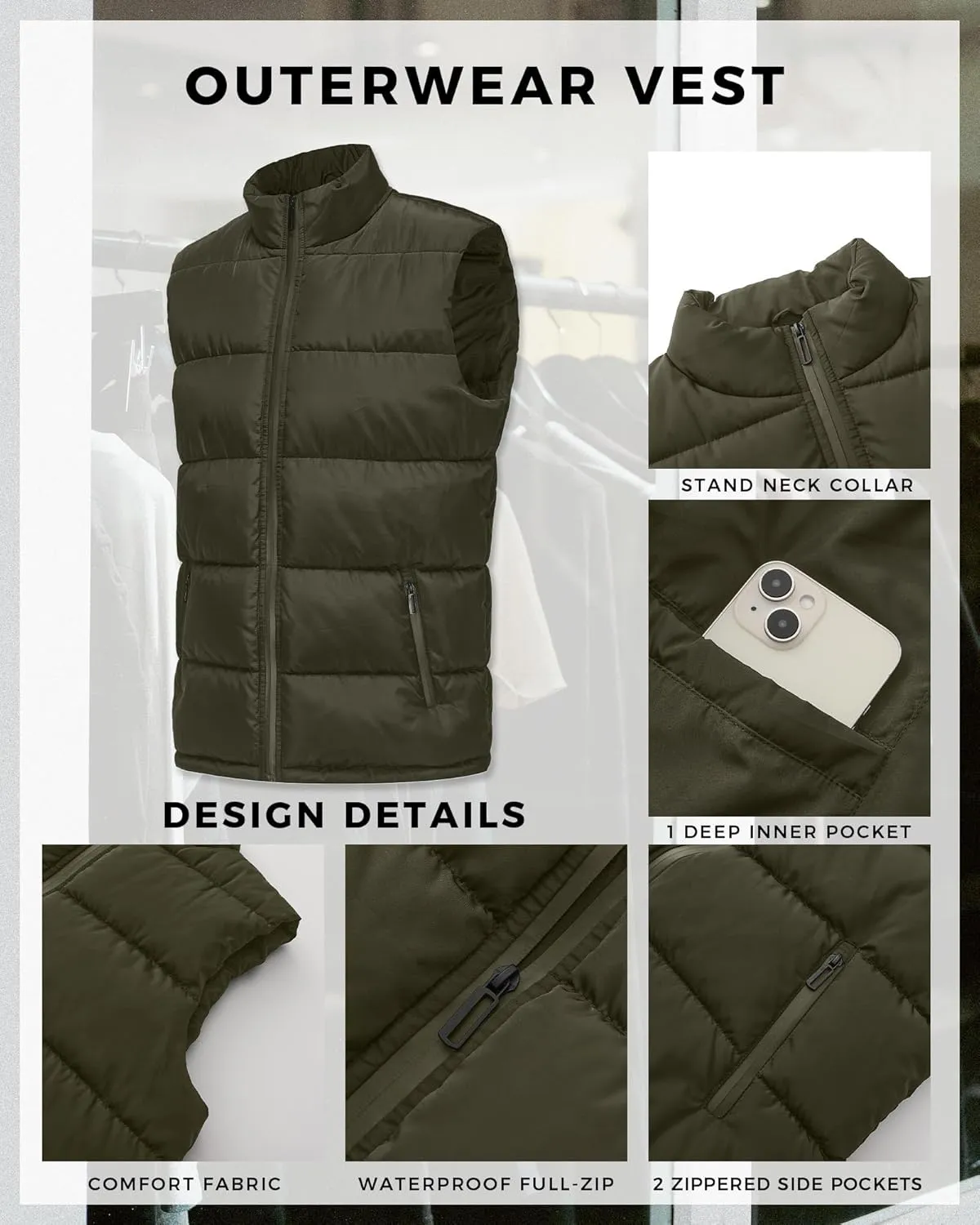 WHN Men's Puffer Vest Outerwear Winter Zipper Quilted Puffy Sleeveless Jacket Outdoor Size M to XXL