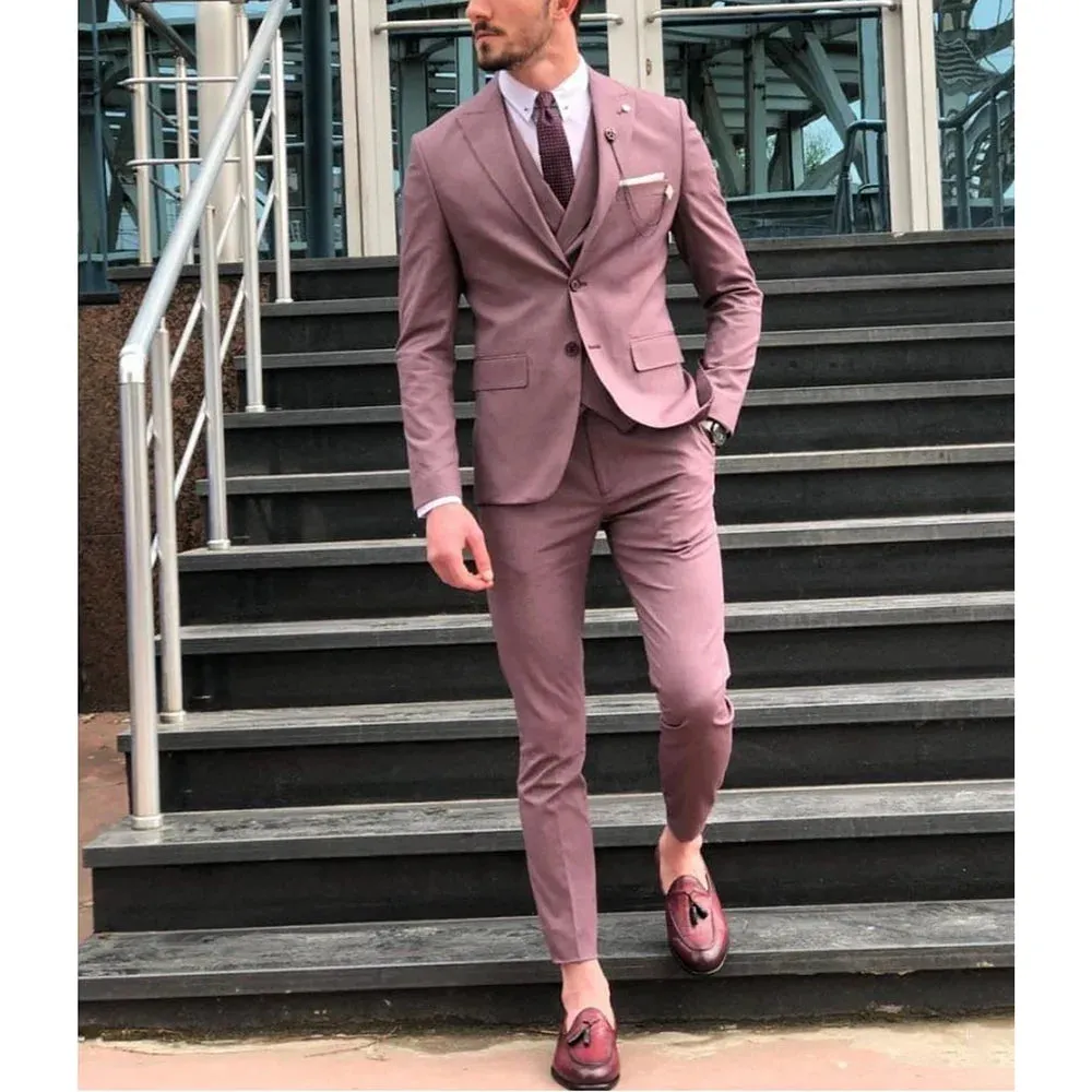 WIAOFELLAS  -  Chic Solid Men Suits Slim Fit 3 Piece (Blazer Vest Pants) Fashion Peak Lapel Business Casual Office Outfits Prom Wedding Suits