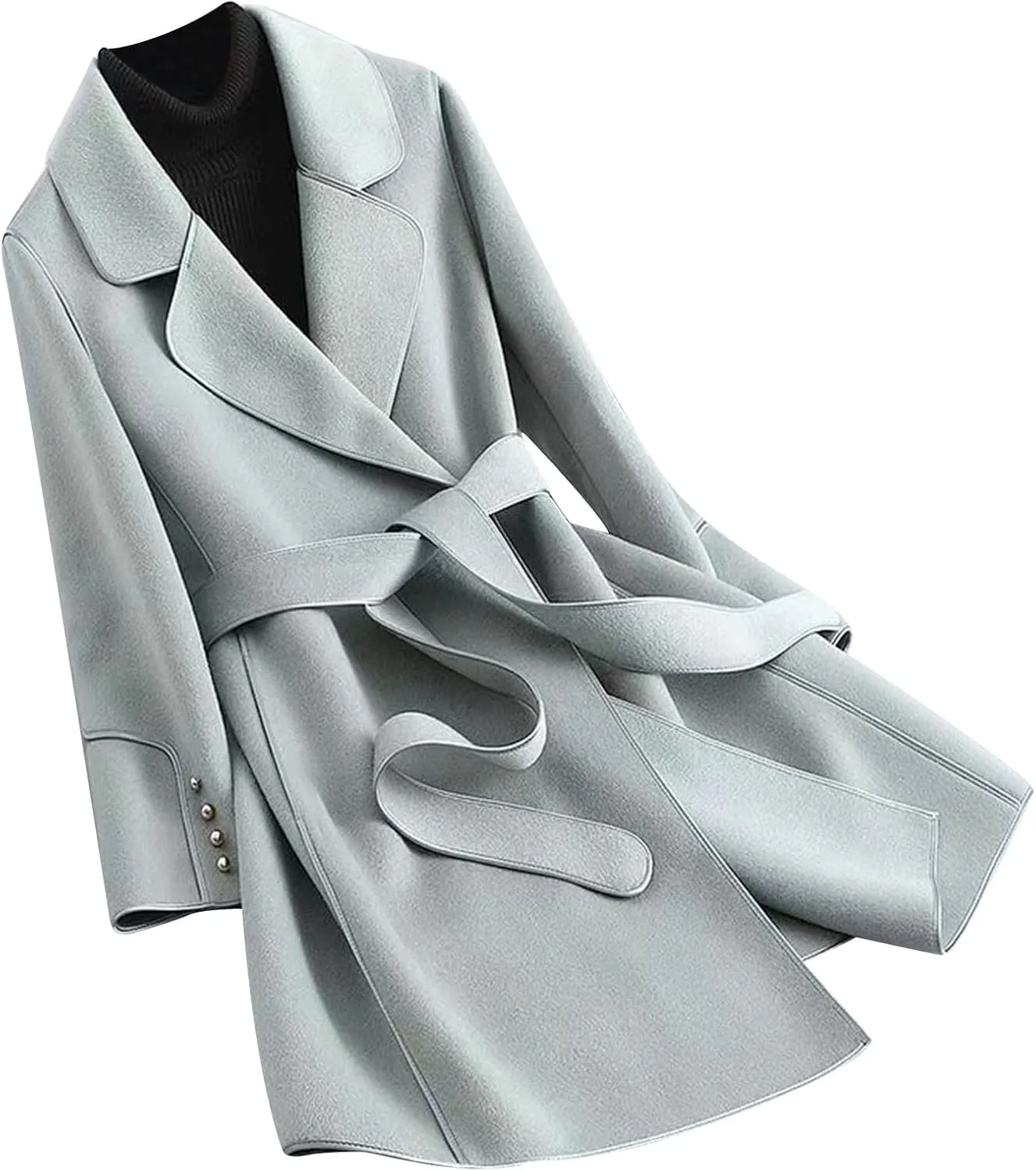 Winter Trench Coat for Women Casual Long Sleeve Notch Lapel Pea Coats Elegant Belted Mid Length Windbreaker
