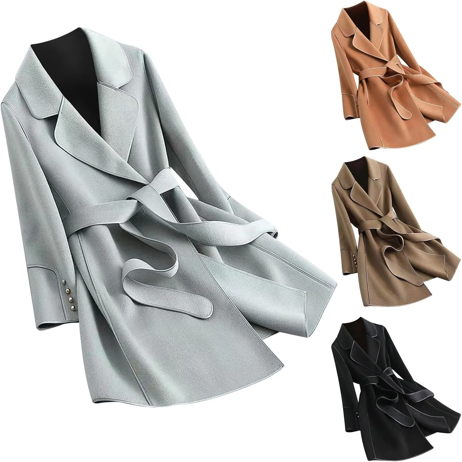 Winter Trench Coat for Women Casual Long Sleeve Notch Lapel Pea Coats Elegant Belted Mid Length Windbreaker